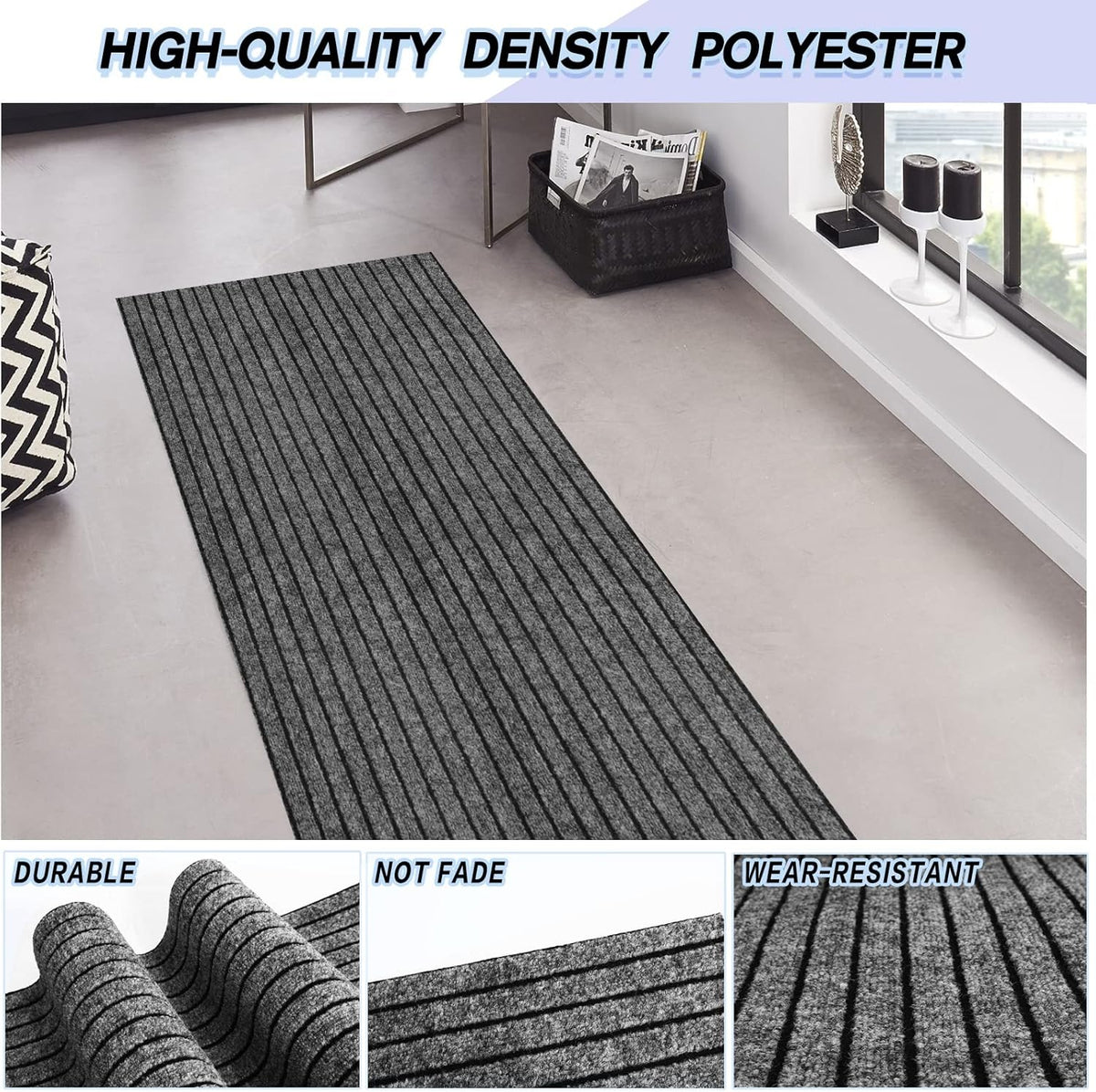 Custom Size Backed Non-Slip Area Rugs Runner, Easy Clean, Waterproof Runner Rugs for Hallway Entryway, Kitchen, Laundry, 3FT x 76FT, Gray Stripe