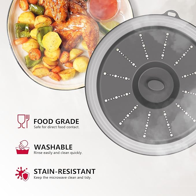 WVM Microwave Splatter Cover Vented for Food with Hook Hole, Splatter Guard & Colander Kitchen Gadget for Food, Meal Prep, Dark Grey