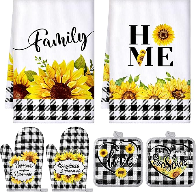 Leinuosen 6 Plaid Sunflower Kitchen Towels Kitchen Decor and Accessories Set Floral Plant Oven Mitts and Pot Holders Sets Farmhouse Absorbent Dish Towels for Cooking Baking Grilling