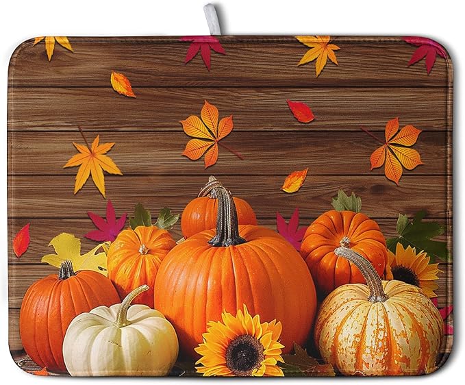AutumnThanksgiving Pumpkin Dish Drying Mat for Kitchen Counter 18x24 Inch Fall Sunflowers Maple Leaves Harvest Kitchen Drying Mat Microfiber Super Absorbent Dish Rack Drainer Mat with Hanging Loop