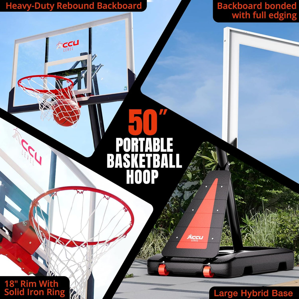 Crank Lift Basketball Hoop Outdoor 7.5-10ft Adjustable Portable Basketball Goal for Youth and Adults 44" 50" and 54" Patented Angle Adjustable PC Backboard and Large Fillable Base