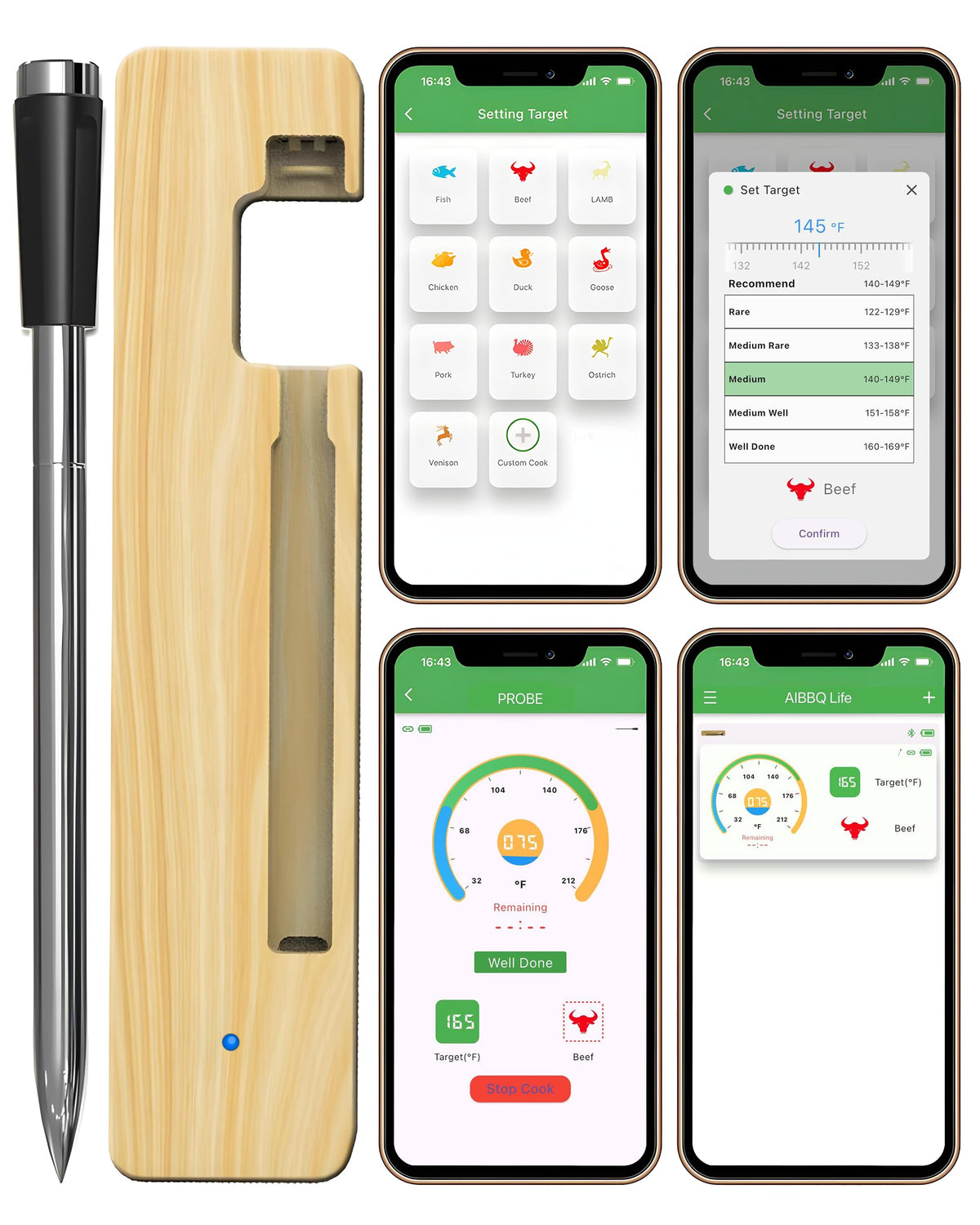 Grill Sync Digital Meat Thermometer Digital Wireless Dual Sensor Bluetooth BBQ Thermometer for Grill, Cooking Smoking, Oven Waterproof Meat Probe with USB-C Charging Case, App-Controlled, 165FT Range