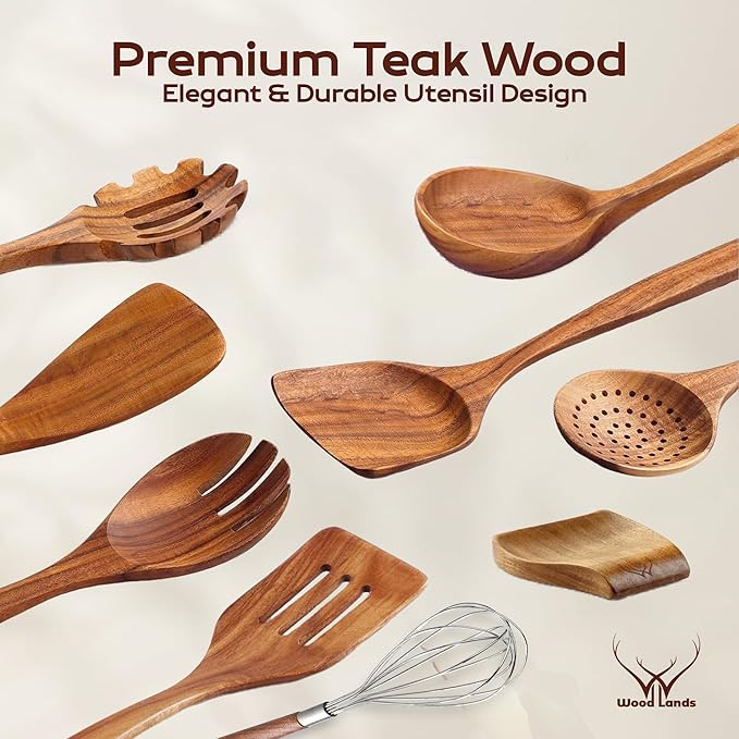9 Pcs Teak Wooden Spoons for Cooking with Rest - Premium Utensils Set with Long Handles – Heat-Resistant Kitchen Tools for Stirring, Mixing, Serving – Durable Cooking Utensils Set with Spatula