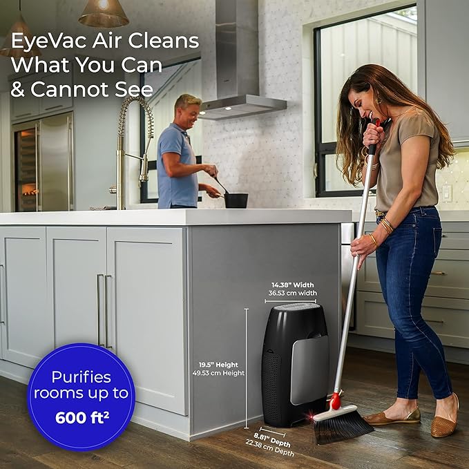 EyeVac Air 2-in-1 HEPA Air Purifier & Touchless Vacuum Automatic Dustpan - Ultra Fast & Powerful - Covers 600 Sq ft - Corded Canister Vacuum, Bagless, Automatic Sensors, 1000 Watt (Black/Silver)