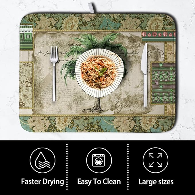 Palm Tree Kitchen Dish Drying Mat for Dishes 18x24 Inch Summer Vintage Tropical Leaves Green Jungle Plant Drying Mat Botanical Dish Drainer Mat Super Absorbent Dish Rack Pad for Coffee Bar Sinks