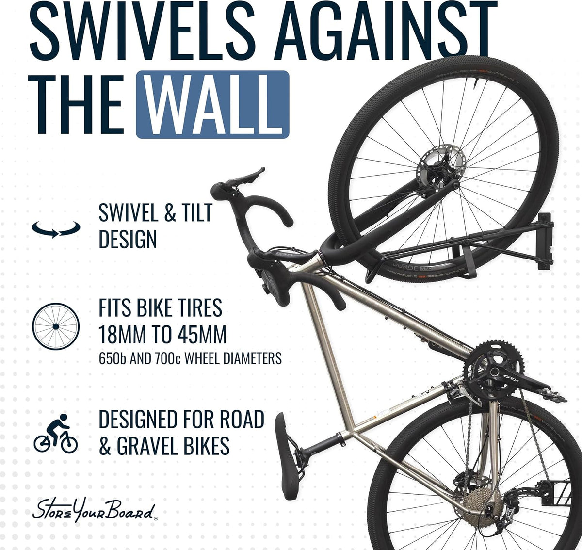 StoreYourBoard SwivelStow Bike Storage Rack 4 Pack, 2 MTB & 2 Road & Gravel Bike Wall Mounts, Heavy Duty Bike Hanger, No-Lift Bike Wall Mount for Garage Bike Storage, Holds 70 lbs, Patent-Pending
