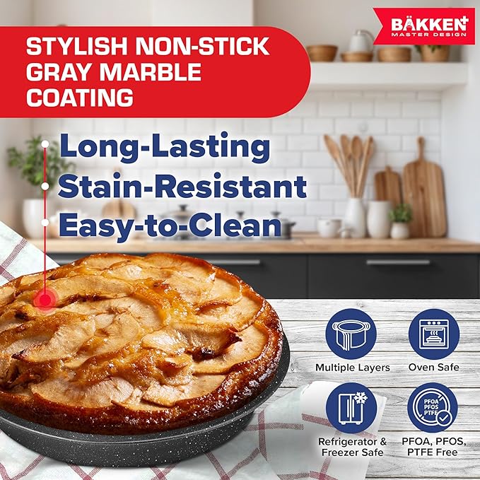 BAKKEN 10-Piece Kitchen Baking Pan Set - Commercial Grade Carbon Steel Bakeware, With Nonstick Coating, Stackable and Space-saving Design, PFOA, PFOS, PTFE Free, Oven Safe (Up To 450°F), Gray Marble
