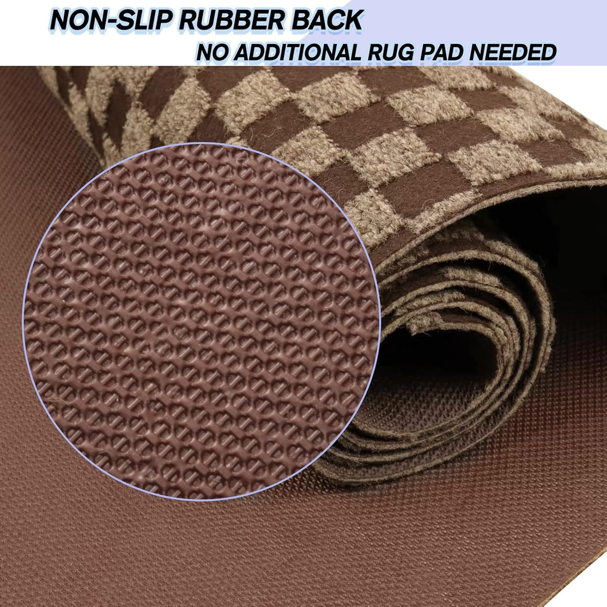 Custom Size Backed Non-Slip Area Rugs Runner, Easy Clean, Waterproof Runner Rugs for Hallway Entryway, Kitchen, Laundry, 2FT x 75FT, Brown Checkered