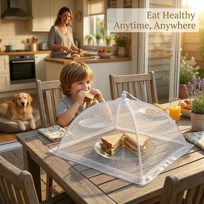 4-Pack Food Cover Mesh Food Tent for Kitchen and Outdoor Use,2 x 17-inch & 2 x 14-inch Pop-Up Screen Tents to Protect Plants Plastic,Collapsible Reusable Covers for BBQ,Fruit Baskets, Parties, Camping