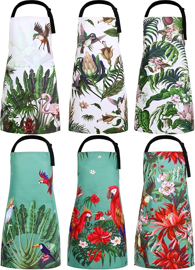Bencailor 6 Pcs Spring Kitchen Aprons with Pockets Flower Rooster Bee Butterfly Sunflower Summer Aprons Bulk for Women(Green,Bird)