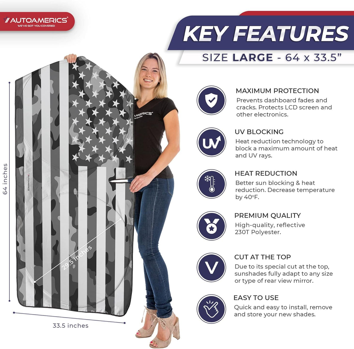 Autoamerics 1-Piece Windshield Sun Shade Gray Camo American Flag USA Design - Foldable Car Front Window Sunshade for Most Sedans SUV Truck - Blocks Max UV Rays and Keeps Your Vehicle Cool - Large