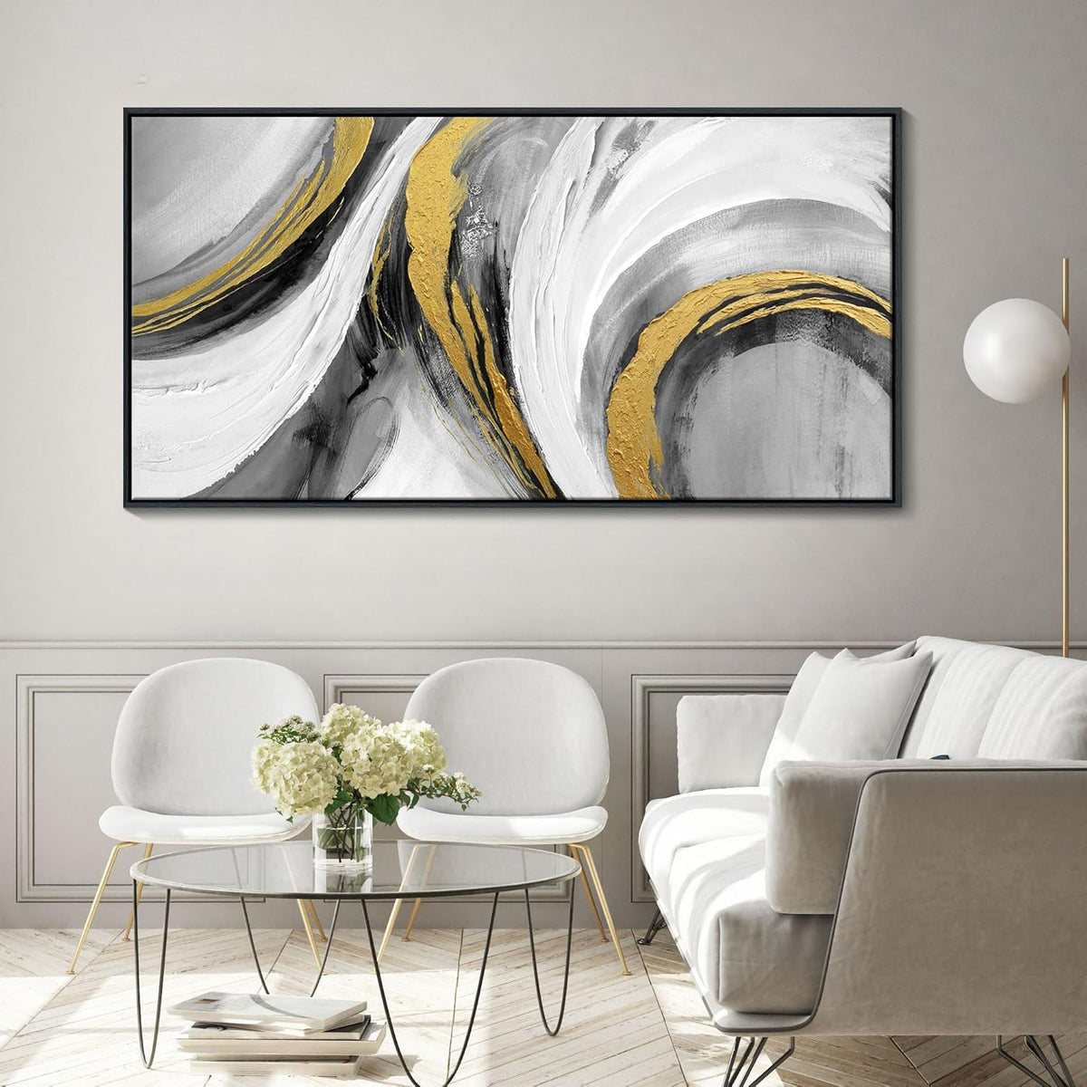 Abstract Large Wall Art - Hand Painted White Gold Tones Abstract Art Black Framed Poster Modern Style for Home Living Room Dining Room Office Hallway Kitchen Decor 24x48 In