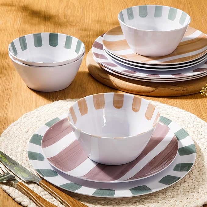 Gibson Home Cottage Stripes 12 Piece Unbreakable Melamine Plates and Bowls Dinnerware Set - Outdoor, Camping, & Everyday Use - Assorted Colors