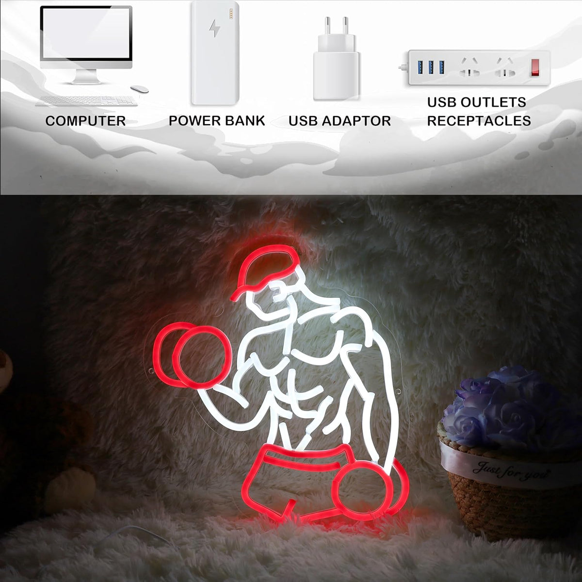 Home Gym Neon Sign Man lifting Dumbbell Build Muscle Led Light Up Sign Dimmable Gym Lighting for Home Gym Decor Men Cave Gifts 12.5"×12.8"