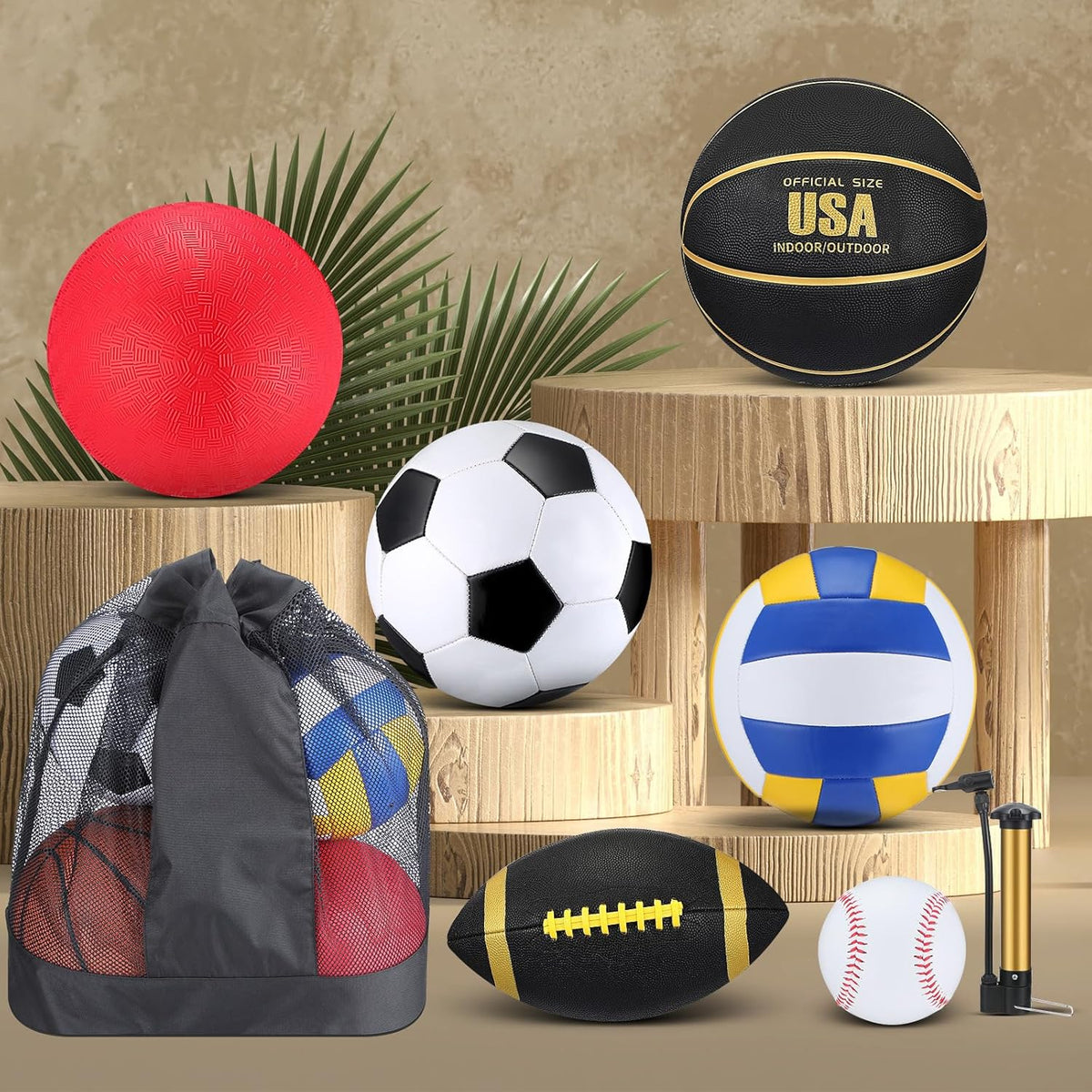 Libima 6 Pcs Multi Sport Ball Set Official Size Football, Basketball, Soccer, Volleyball, Playground Ball, Baseball with Sports Equipment Bag Pump for Teen Adult Christmas School Gift