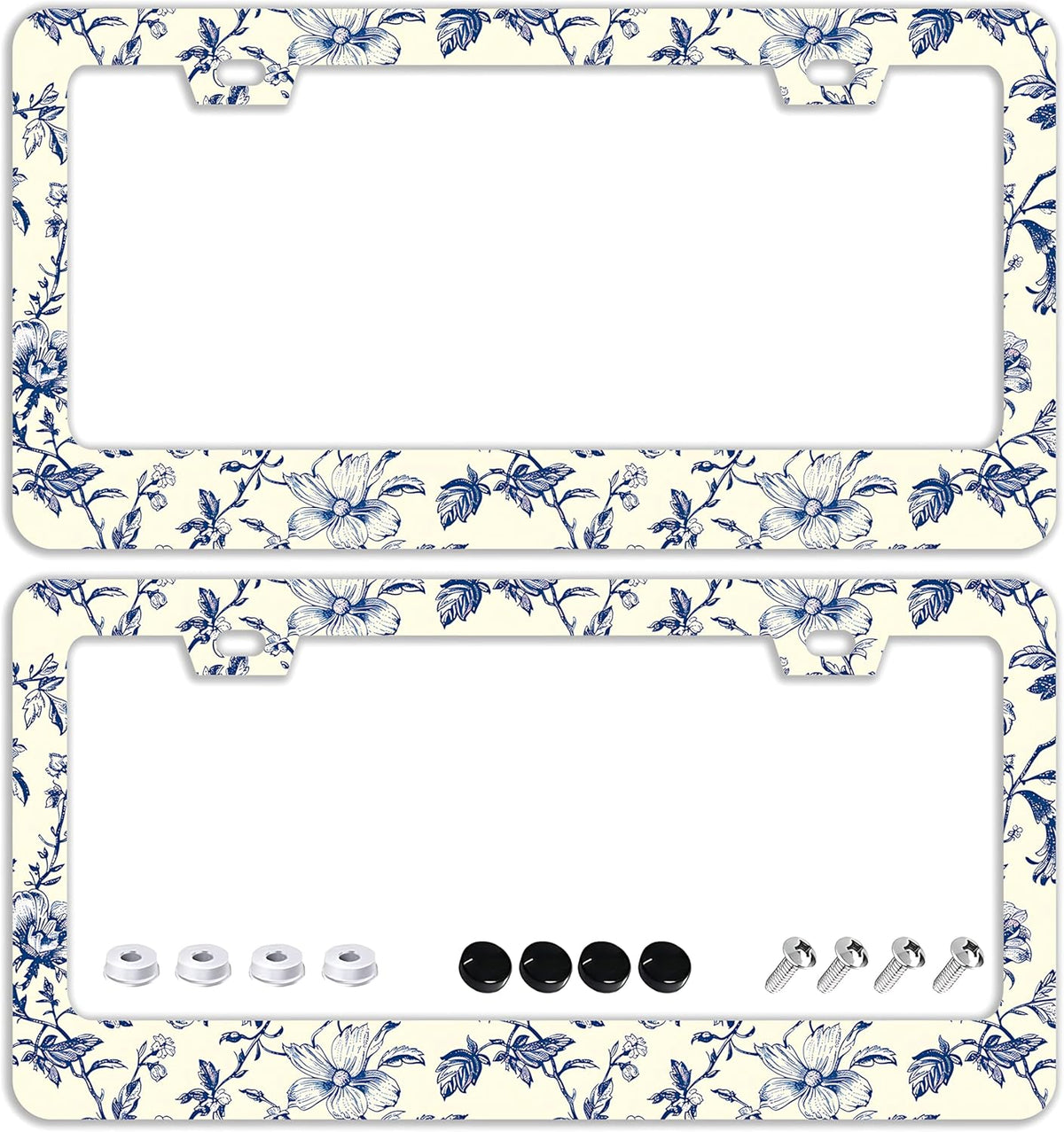 Blue Floral Flowers License Plate Frames - 2 Pcs Set 2 Holes Stainless Steel Metal Auto Car Accessories Decoration License Plate Frame Cover Size 6.3" x 12.2" Fit US Vehicles for Women Men Gift
