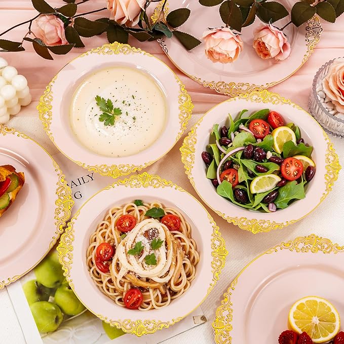100PCS Pink Plastic Bowls - 12 oz Pink Gold Disposable Salad Bowls - Heavy Duty Disposable Soup Bowl - Fancy Plastic Ice Cream Bowl for Weddings Parties Dinners Picnics