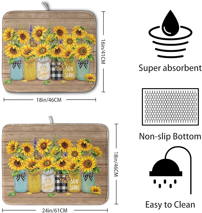 Sunflower Dish Drying Mat for Kitchen 18x24 Inch Counter Rustic Vintage Floral Vases Wood Grain Drying Mats Microfiber Absorbent Dishes Drying Pad Spring Summer Flowers Dish Drainer Rack Mat
