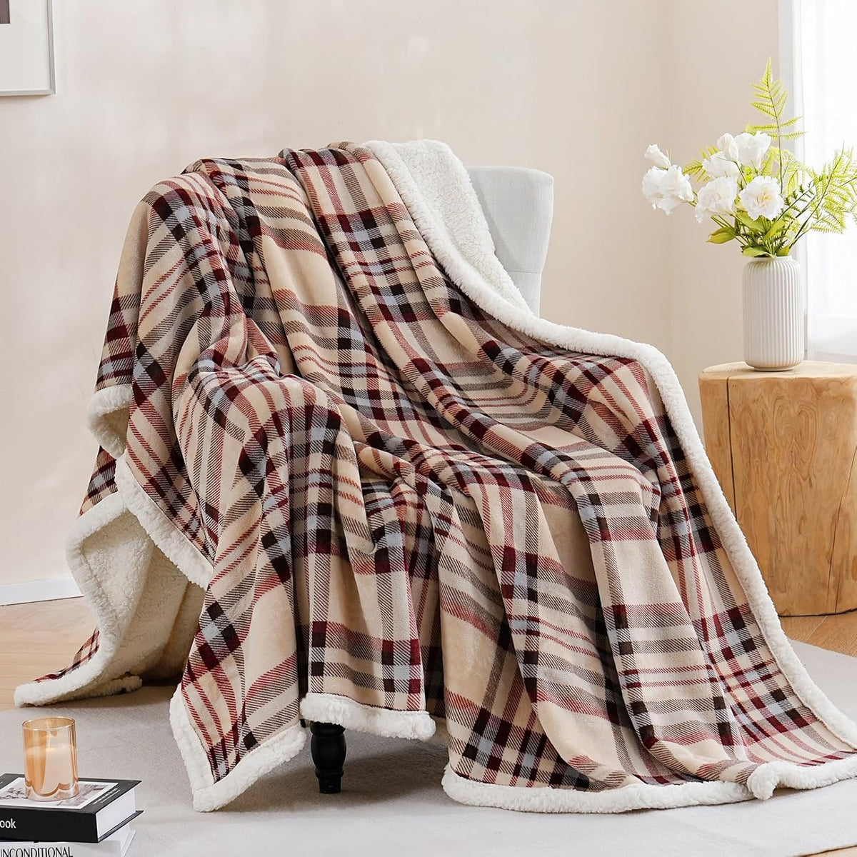 PU MEI Sherpa Fleece Throw Blanket 80" x 90" Reversible Plush Fluffy Large Big Blanket Lattice Flannel Blankets for All Season Use, Beige Stripe