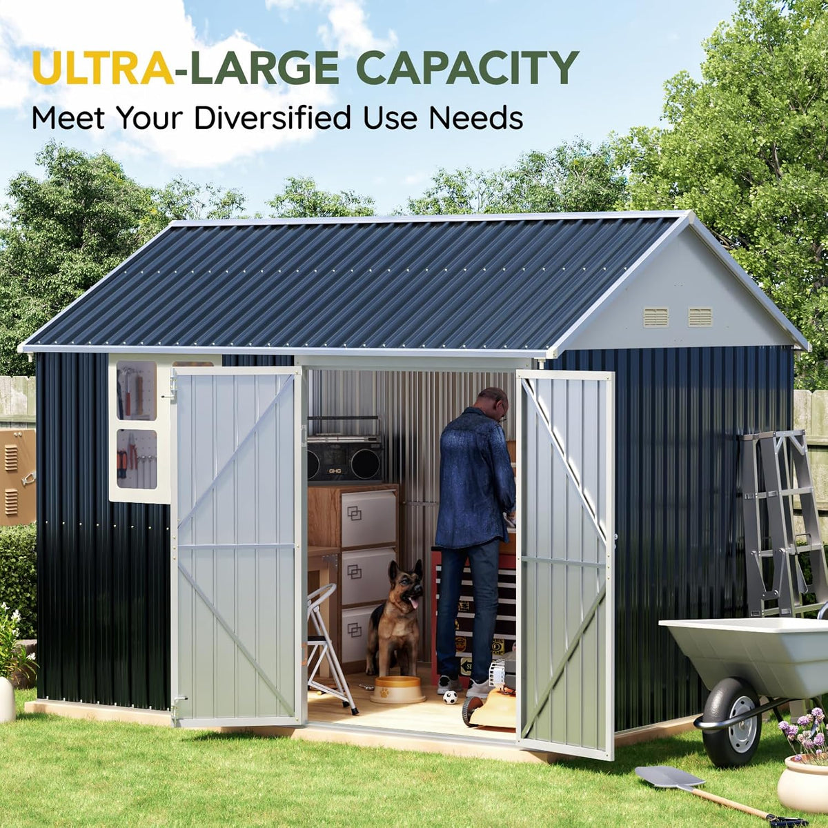 Breezz 8X10FT Outdoor Steel Storage Shed with Clear Window, Lockable Doors, Weather-Resistant Metal Tool Shed for Garden, Backyard, Patio, and Utility Storage.Nightblue