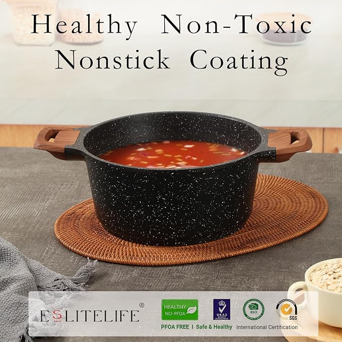 ESLITE LIFE Nonstick Stock Pot with Lid, 5 Quart Granite Casserole Large Soup Pot Pasta Cooking Pot, Induction Compatible, PTFE & PFOA Free, Black