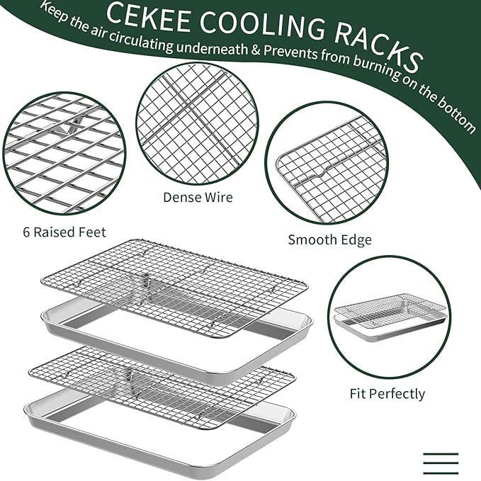 Half Sheet Pans with Rack Set [2 Pans + 2 Racks], CEKEE Stainless Half Size Large Baking Sheets with Rack -18 Inch Baking Tray Set- Rust & Warp Resistant & Heavy Duty Large Cookie Sheet