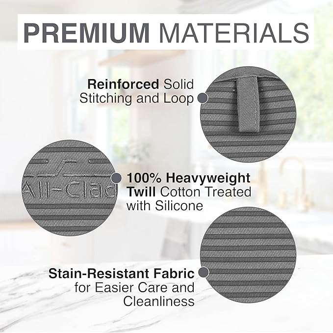 All-Clad Premium Pot Holder & Heating Pad, (2-Pack) Heat Resistant to 500 Degrees, 100% Cotton 10"x6.25" for Kitchen and Barbeque, Pewter