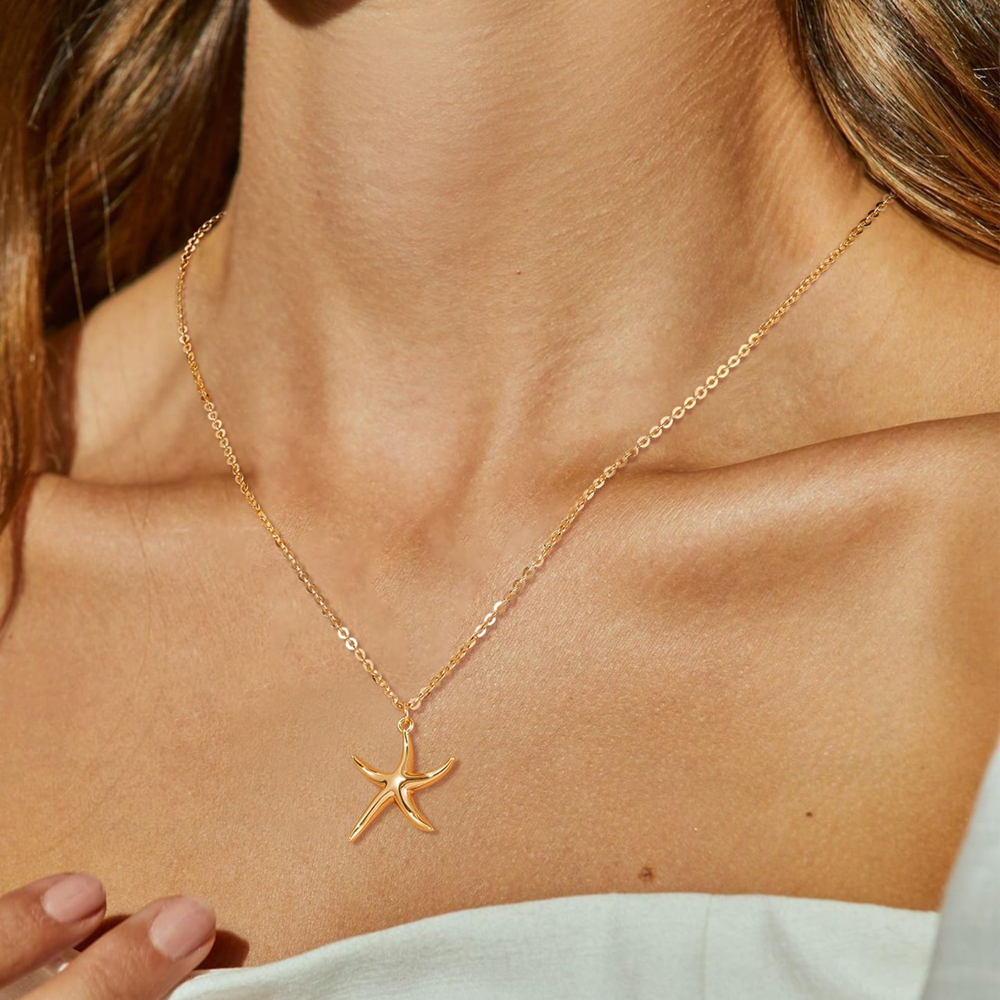 MTMY Gold Starfish Necklace 14K Gold Plated Shell Conch Ocean Pendant Necklace for Women Beach Summer Jewelry(Wave Starfish)