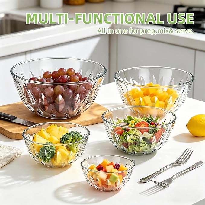 Luvan 5-Pack Glass Mixing Bowls with Lids Set - Leaf Pattern Clear Serving Bowls with Dark Green Translucent Lids, Nesting Borosilicate Salad Bowl, Dishwasher & Microwave Safe