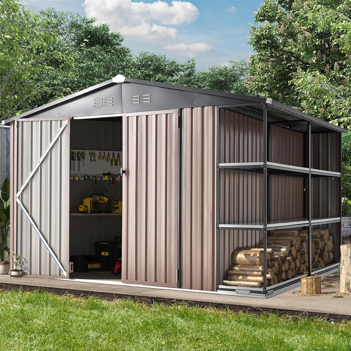 AECOJOY 10x8 Metal Storage Shed with Rack, Gray, Large Outdoor Storage Tool Utility Shed with Shelves, Weather Resistant, 263 lbs, 77.2"H x 112.8"W x 100.6"D