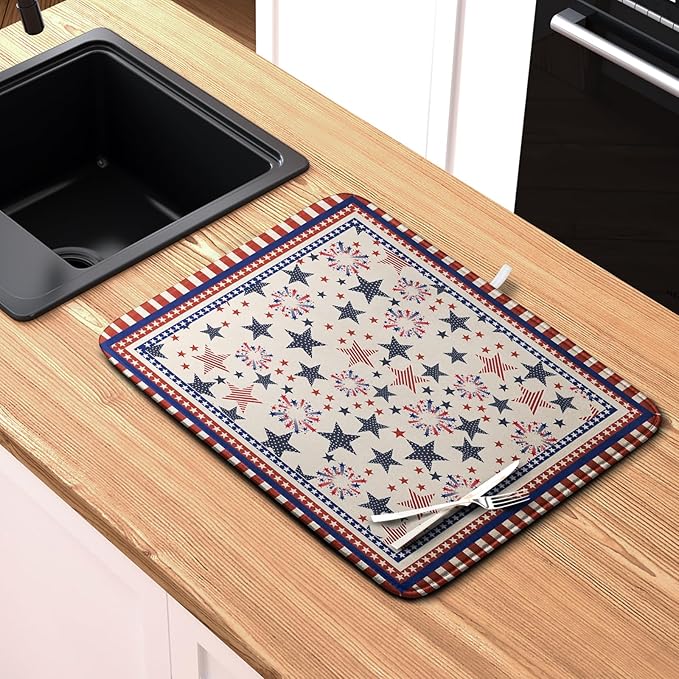 Happy 4th of July Patriotic Dish Drying Mat 18 x 24 Inch US Independence Day Vintage Star Kitchen Drying Mat Blue White Red Dish Drainer Mats Super Absorbent Dish Rack Pad for Coffee Bar Sinks