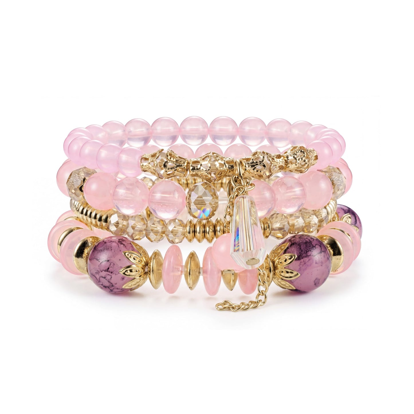 Tungary 4Pcs Beaded Bracelets for Women Bohemian Bracelet Stacks Handmade Natural Stone Stretch Bracelets Multi-Color Daily Wear Accessories Summer Beach Boho Jewelry Gift Pink Bracelet Set