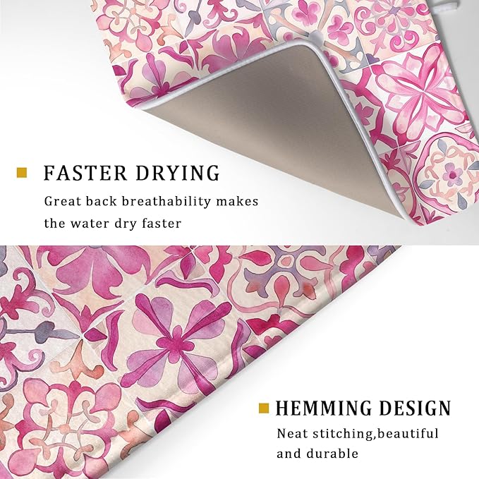 Pink Mexican Tiles Dish Drying Mat Absorbent Microfiber Dish Drying Pad for Kitchen Multi-use Large