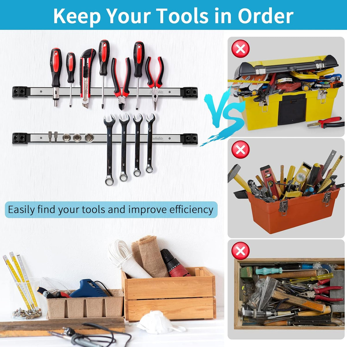 12" 18" 24" Magnetic Tool Holder Strip, Stainless Steel Surface Tool Magnet Bar, Metal Tool Organizer Rack for Garage Organization, Easy To Install in Workshop, Mounting Screws Included