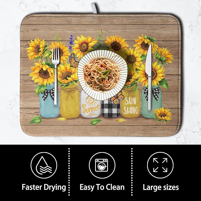 Sunflower Dish Drying Mat for Kitchen 16x18 Inch Counter Rustic Vintage Floral Vases Wood Grain Drying Mats Microfiber Absorbent Dishes Drying Pad Spring Summer Flowers Dish Drainer Rack Mat