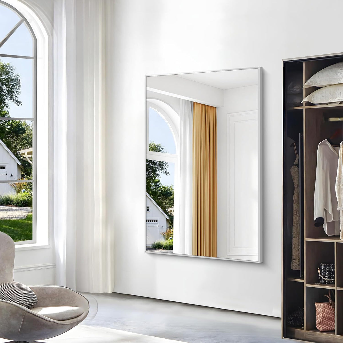 Silver Bathroom Mirror,55x36 inch Wall Mirror for Bathroom Wall Mounted,Large Rectangle Mirror for Bathroom Over Sink,Modern Metal Frame for Living Room,Bedroom Entryway,Horizontal/Vertical