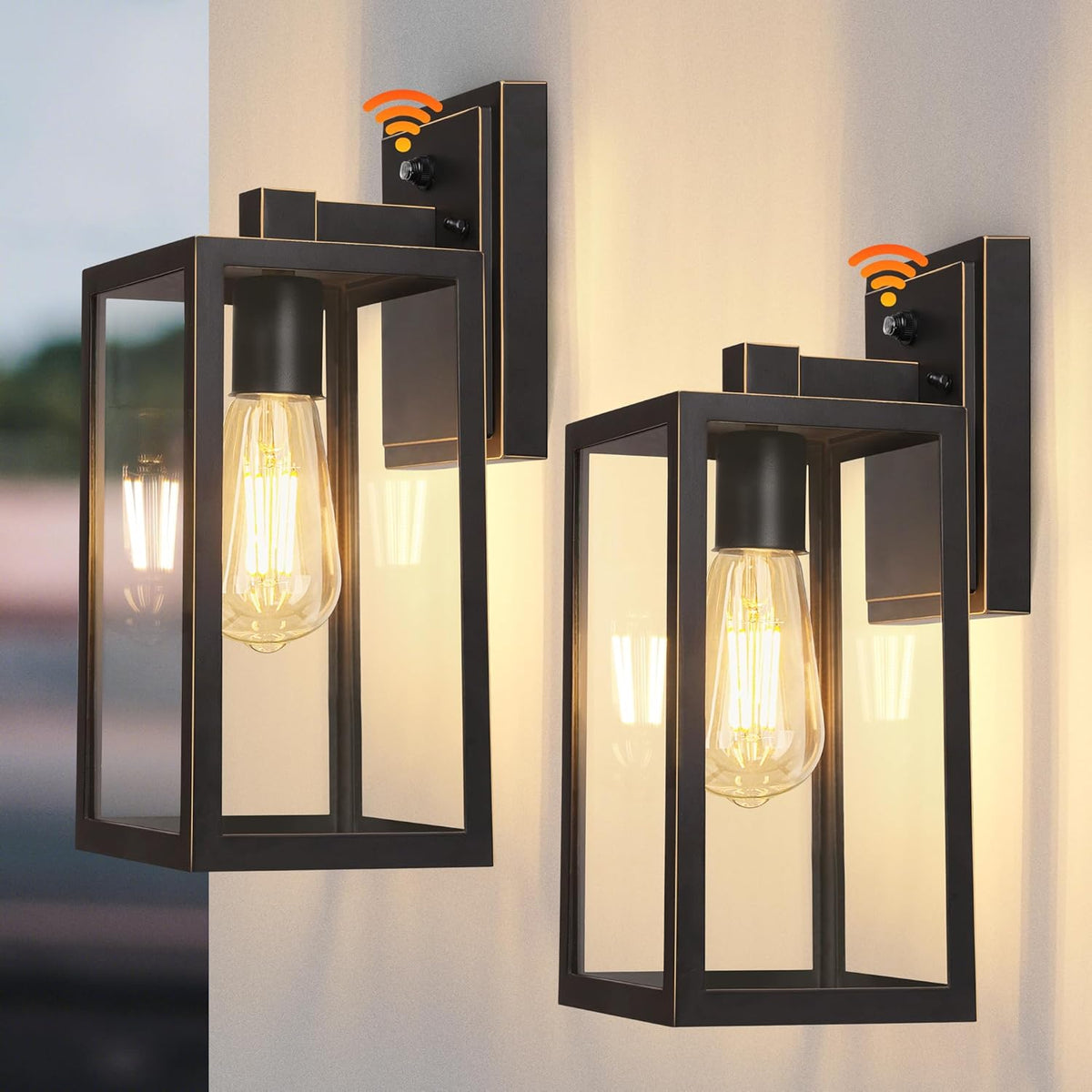 PARTPHONER Black Exterior Light Fixtures Wall Mount with Gold Rim, Dusk to Dawn Outdoor Porch Lights Lamp, Sensor Wall Sconce, Waterproof Outdoor Lantern for House Doorway, Garage 2 Pack