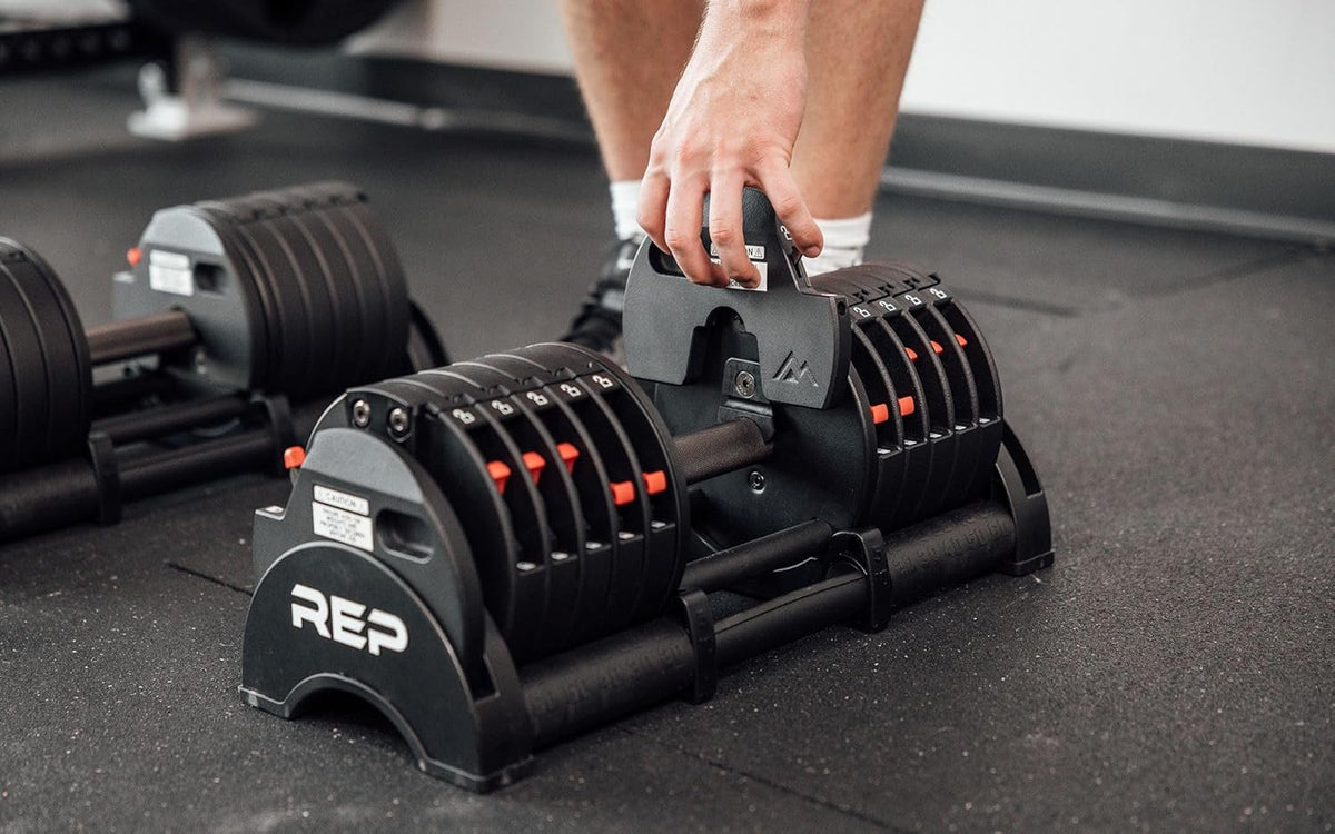 Rep Fitness Quickdraw Adjustable Dumbbells, Multiple weight ranges available including: 5-30, 5-40,5-50 and 5-60 lbs