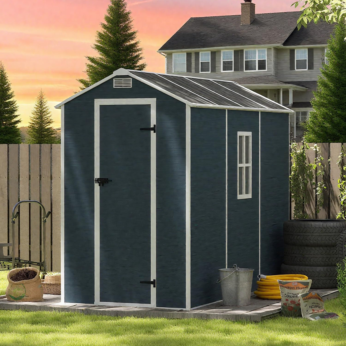 8x4 FT Outdoor Storage Resin Shed with Floor,Waterproof Plastic Garden Bike Shed with Lockable Door, Sloped Roof, Vents & Windows, Easy Assembly Tool Shed for Lawn, Backyard, Patio, Black