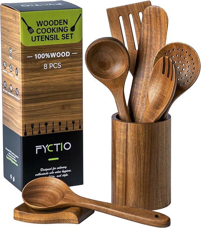 Wooden Utensil Set 8 Pcs - Natural Non-Toxic Acacia Wooden Spoons for Cooking, Nonstick, Sturdy, Non-Scratch, Easy to Clean, Wood Kitchen Utensils Set with Holder, Spoon Rest & 6 Hooks