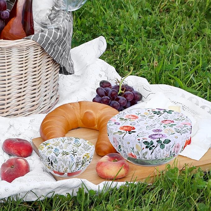 5 Pieces Bowl Covers Reusable, 5 Size Elastic Cloth Bowl Covers for Bread Proofing Stretch Food Covers Washable for Food Fruits Leftover (Rosa Chinensis)