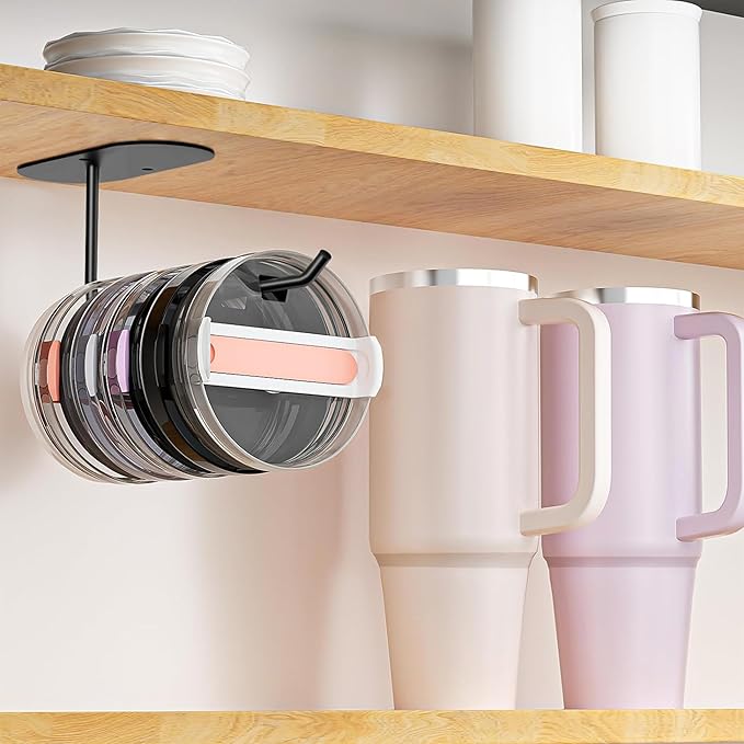 2 Pack Tumbler Lid Organizer, Space Saving Cup Lid Organizer for Yeti/Stanley/Simple Modern Tumbler Lids, Self-Adhesive or Drilling Tumbler Lid Hook for Kitchen Organizers and Storage
