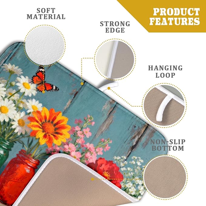 Small Dish Drying Mat for Kitchen Counter 16x18, Spring Summer Floral Decorative Absorbent Reversible Microfiber Kitchen Countertop Protector Dishes Drainer Pad