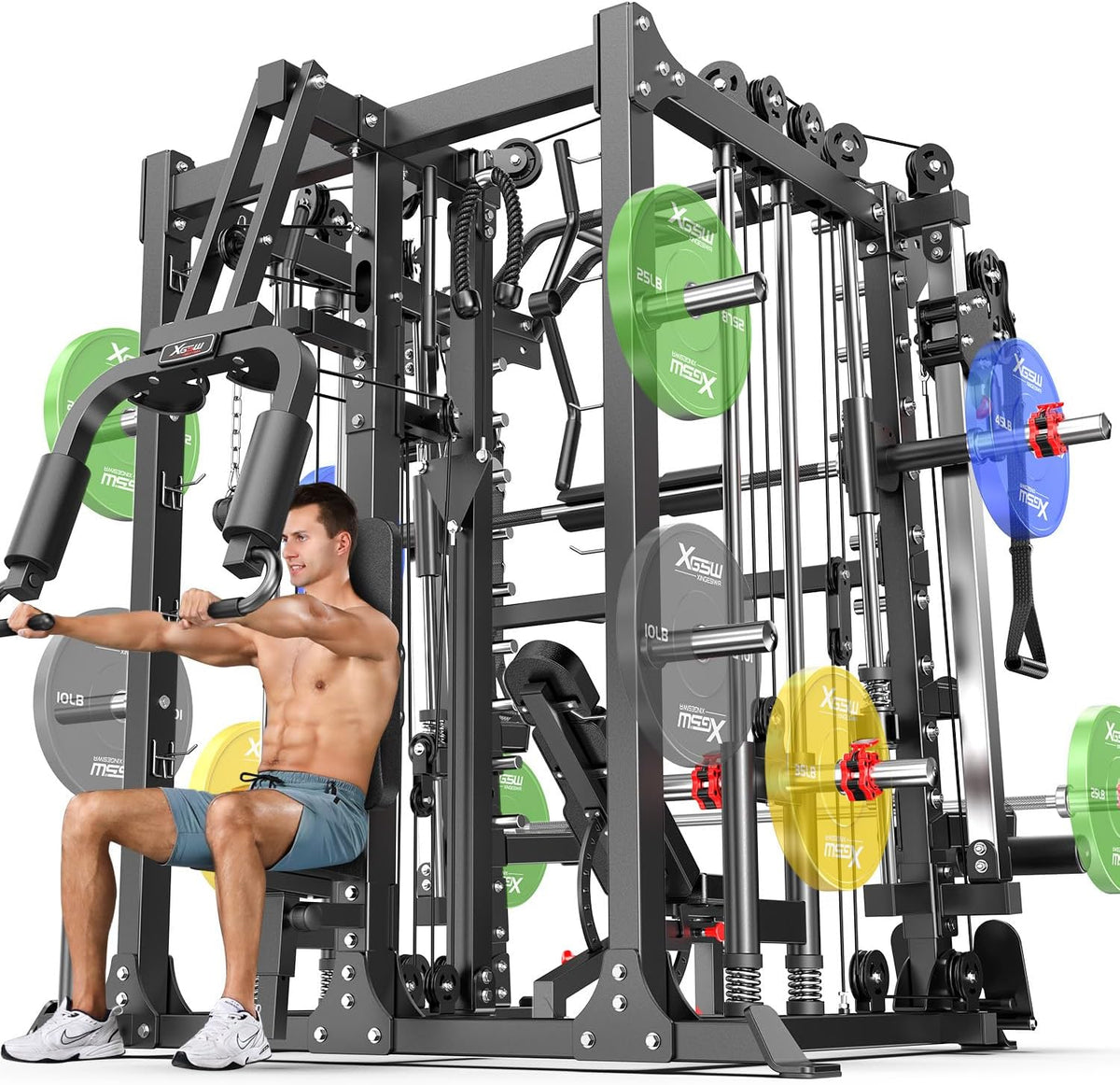 Smith Machine Power Rack Multifunctional Power Cage Deep Squat Rack Cable Crossover System Selectable More Training Attachment for Garage & Home Gym