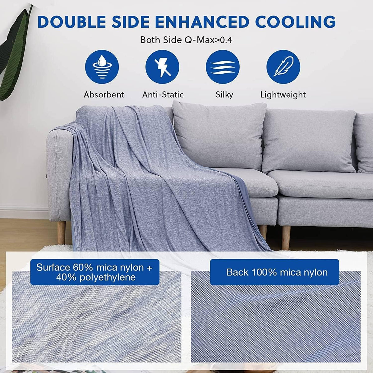 HOMFINE Cooling Blankets for Hot Sleepers - Summer Blanket Thin Lightweight Breathable Soft Double Side Enhanced Cooling for Bed Couch Sofa, Keep Cool for Night Sweats (Blue, 90 x 90 inches)