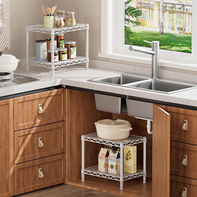 SINGAYE 2 Small Shelves Kitchen Storage Shelf Wire Shelving Unit Metal Shelf Adjustable Organizers Storage Shelving for Office Pantry White 12" D X 18" W X 12" H