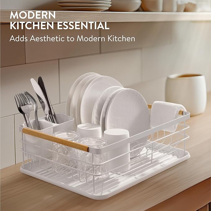 Navaris Dish Drainer Rack - Plate, Silverware, Pots and Pans - Dish Rack with Beechwood Handles - Metal Dish Drying Rack for Kitchen Counter - Modern Retro Design Dish Rack - White
