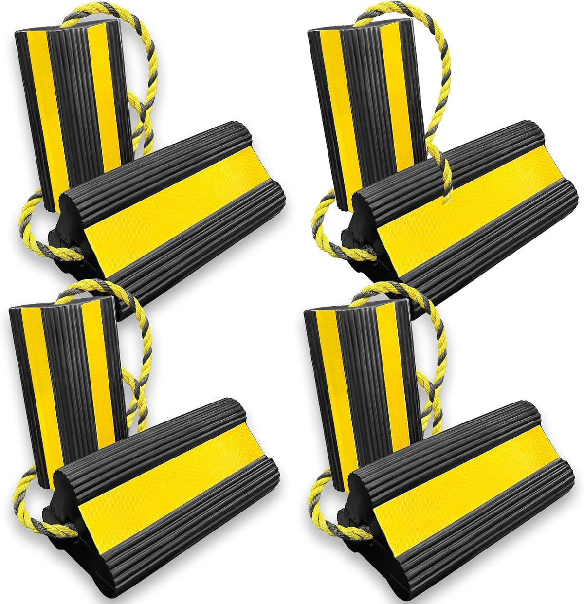 Heavy-Duty Wheel Chocks with Extra-Long Safety Rope (86") - 2-Pack Reflective Rubber Blocks for Trailers, Trucks, Campers & Garage Use (4pair/8pack with Rope)