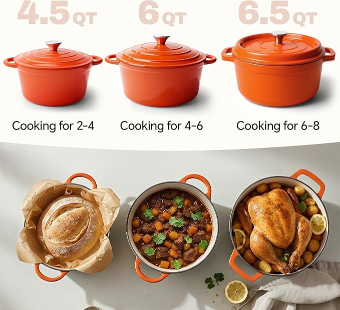 6 Quart Dutch Oven Pot with Lid, Non Stick Enameled Cast Iron Dutch Oven for Bread Baking, Heavy-Duty, Oven Safe Ceramic Cookware Up to 500°F for Baking, Braising, Stews, Roasting, Orange