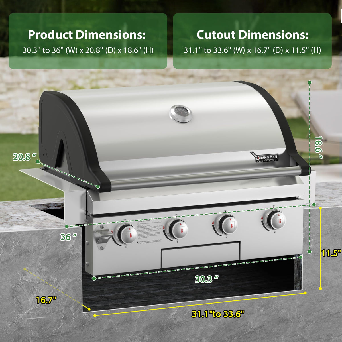 Brand-Man Gas Grill Built-In Head, 30-Inch 4-Burner Propane Grill, Natural Gas Convertible, Heavy Duty 304 Stainless Steel 40,000BTUs BBQ Island Outdoor Kitchen